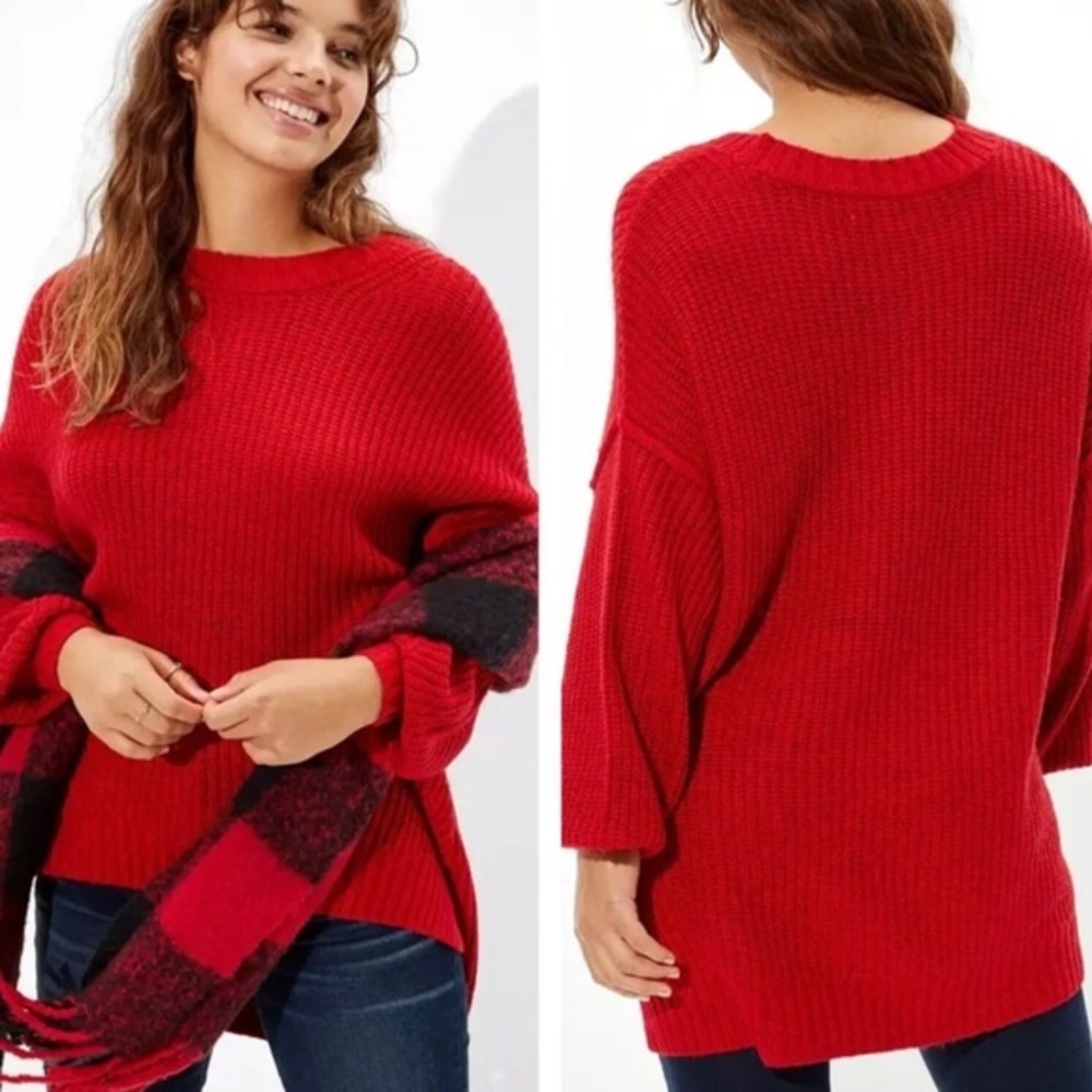 American Eagle Red Crew Neck Cable Knit Sweater Size Medium Winter Cozy Comfy